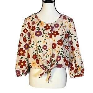 Modcloth X Princess Highway Flower Power Tie Waist Top Size 14 Linen Blend Retro